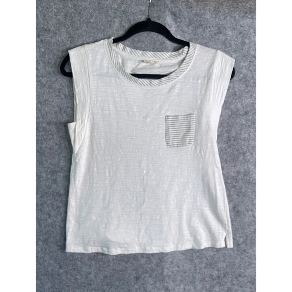 Hem & Thread Womens White Slub Knit Sleeveless Muscle Tank Top Striped Pocket S
